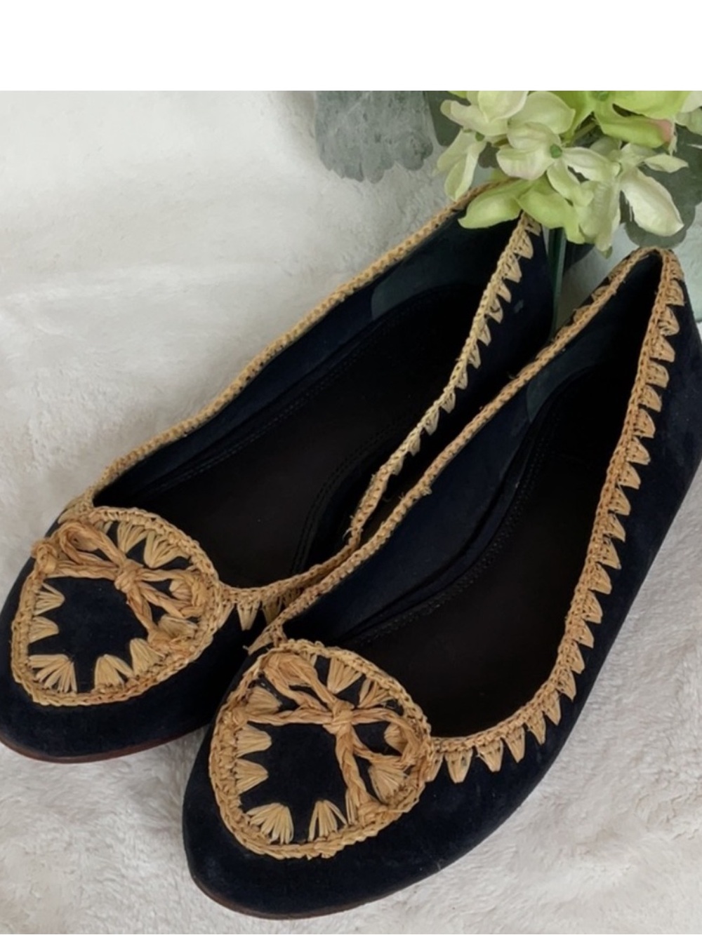 Tory Burch Suede Raffia Logo Ballet Flats Navy Blue Straw Trim Size 11